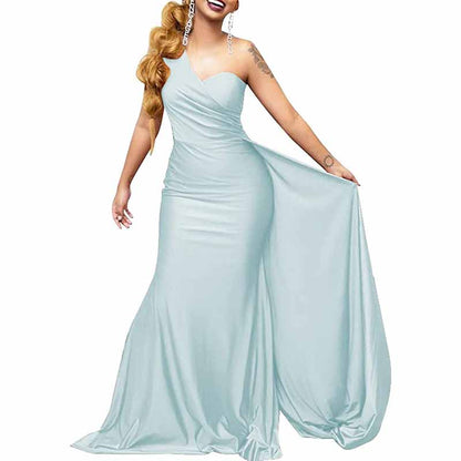 One Shoulder Satin Bridesmaid Dresses Long Mermaid Prom Dresses Ruched Formal Evening Gowns