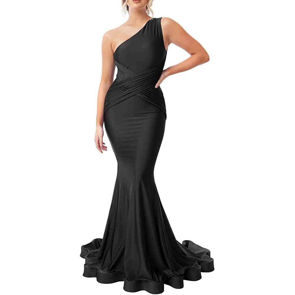 One Shoulder Mermaid Bridesmaid Dress – Stretchy Satin Bodycon Prom Gown Long Formal Dress