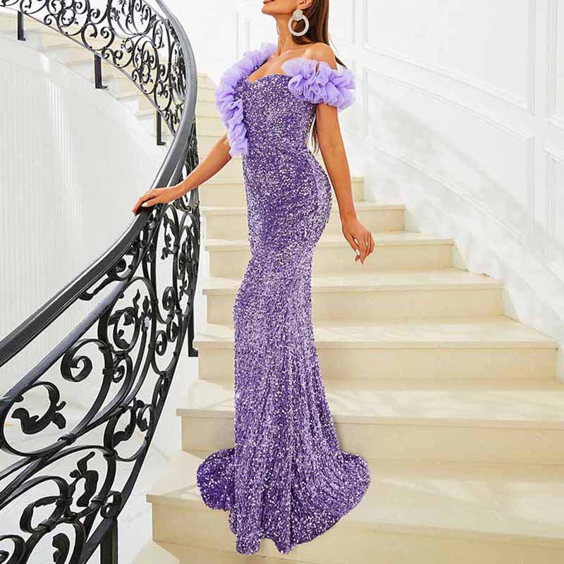 One Shoulder Sequin Mermaid Dress Elegant Prom Gown