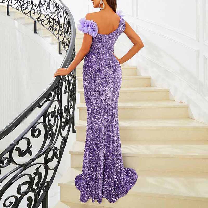 One Shoulder Sequin Mermaid Dress Elegant Prom Gown