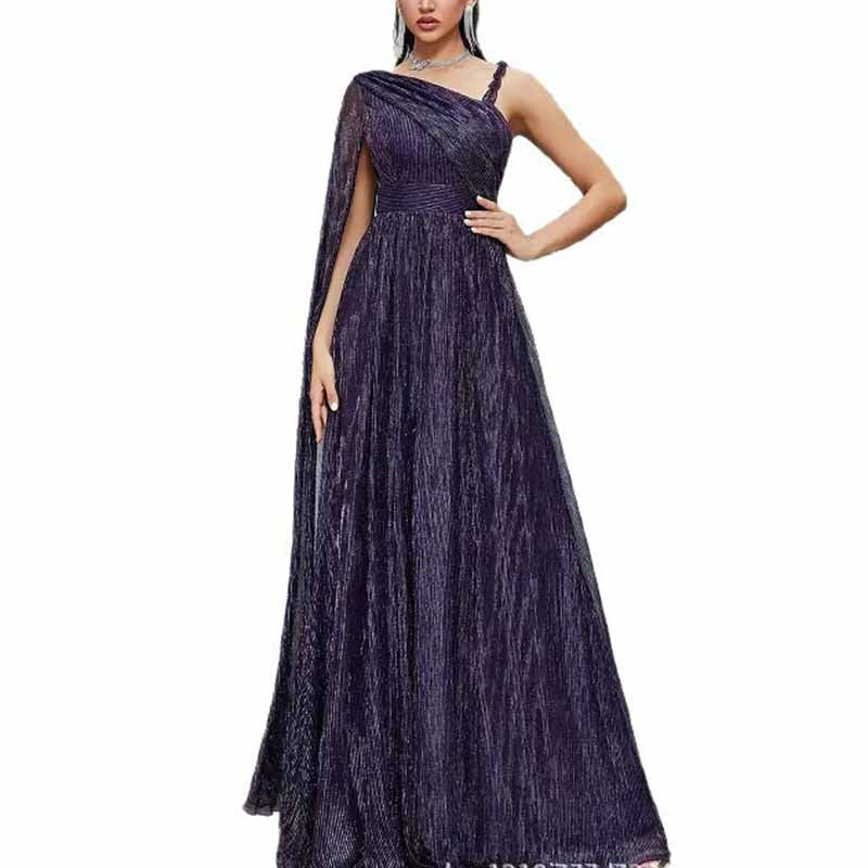 Dark Blue One Shuolder Long Prom Dress With Cape Sleeves For Formal Party & Gala