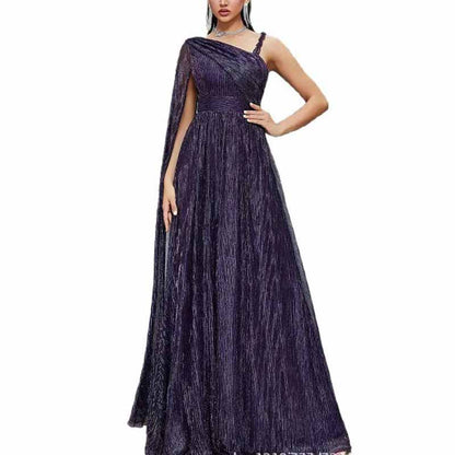 Dark Blue One Shuolder Long Prom Dress With Cape Sleeves For Formal Party & Gala