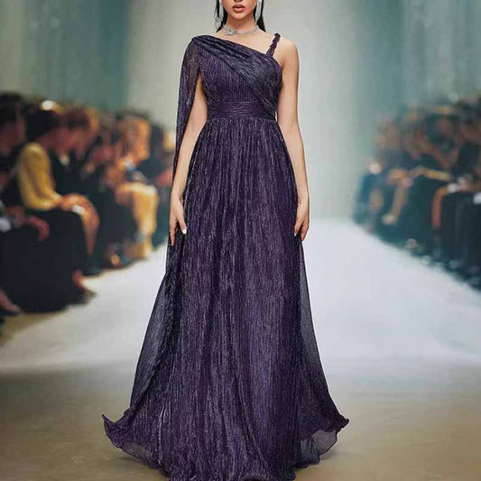 Dark Blue One Shuolder Long Prom Dress With Cape Sleeves For Formal Party & Gala
