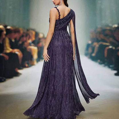 Dark Blue One Shuolder Long Prom Dress With Cape Sleeves For Formal Party & Gala