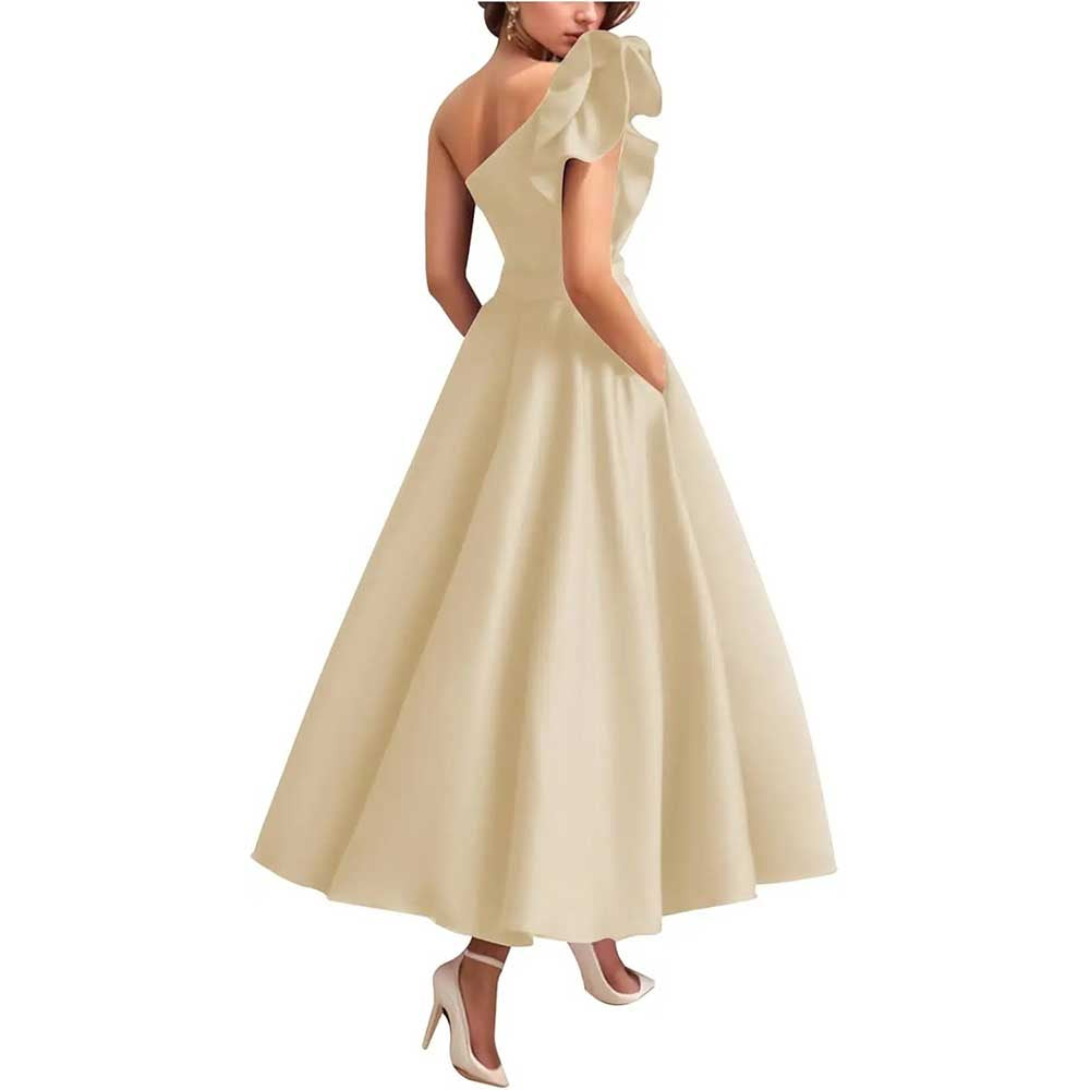 One Shoulder Midi Dress with 3D Flower | Satin Cocktail Party Evening Gown