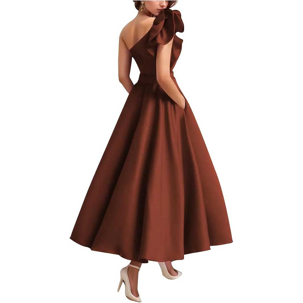 One Shoulder Midi Dress with 3D Flower | Satin Cocktail Party Evening Gown