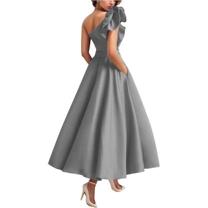 One Shoulder Midi Dress with 3D Flower | Satin Cocktail Party Evening Gown