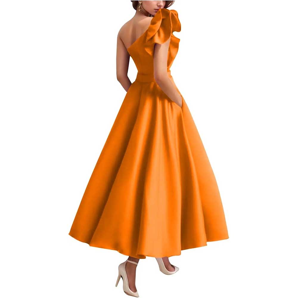 One Shoulder Midi Dress with 3D Flower | Satin Cocktail Party Evening Gown