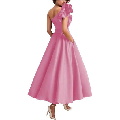 One Shoulder Midi Dress with 3D Flower | Satin Cocktail Party Evening Gown