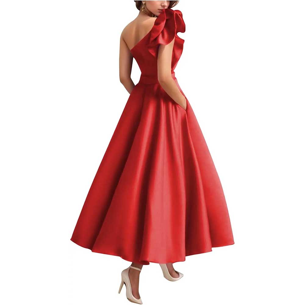 One Shoulder Midi Dress with 3D Flower | Satin Cocktail Party Evening Gown