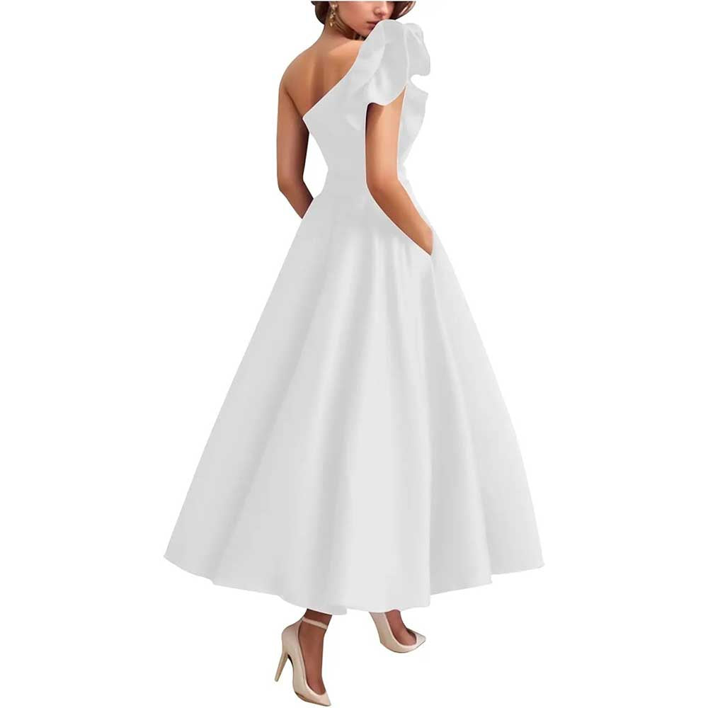 One Shoulder Midi Dress with 3D Flower | Satin Cocktail Party Evening Gown