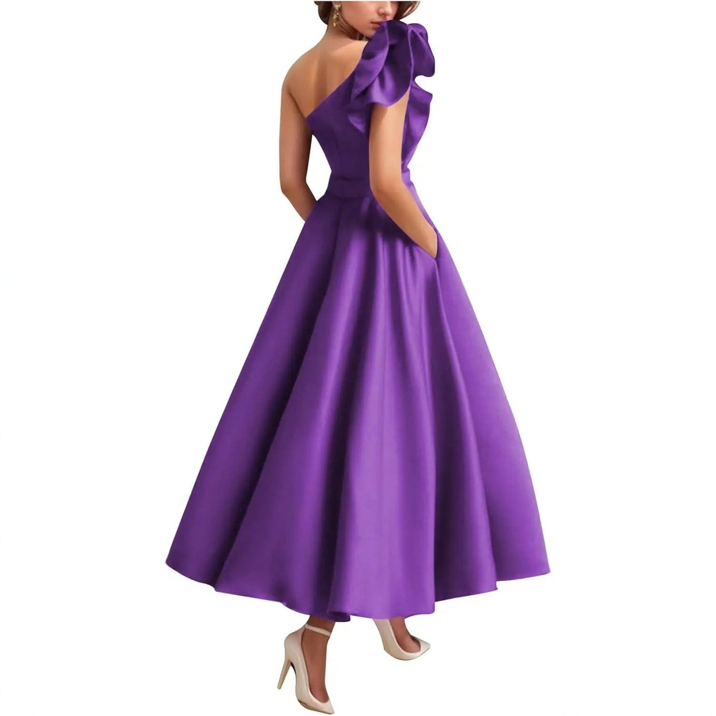 One Shoulder Midi Dress with 3D Flower | Satin Cocktail Party Evening Gown