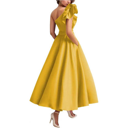 One Shoulder Midi Dress with 3D Flower | Satin Cocktail Party Evening Gown