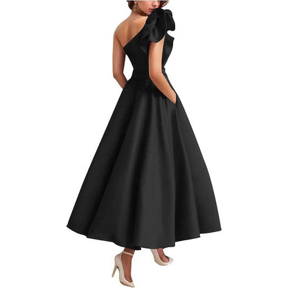 One Shoulder Midi Dress with 3D Flower | Satin Cocktail Party Evening Gown