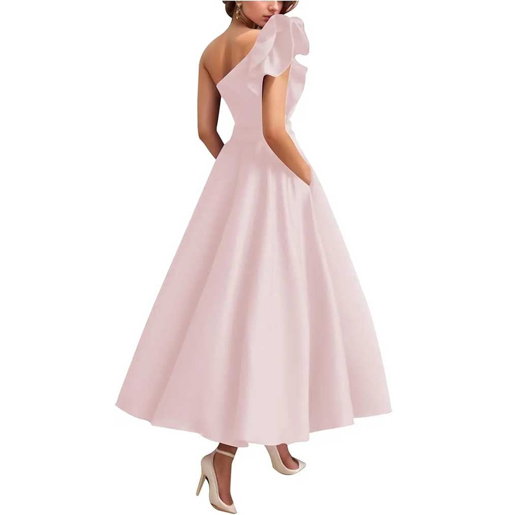 One Shoulder Midi Dress with 3D Flower | Satin Cocktail Party Evening Gown