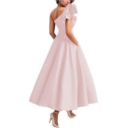 One Shoulder Midi Dress with 3D Flower | Satin Cocktail Party Evening Gown