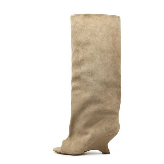 Stylish open toe suede boots for women with a high wedge heel in a neutral color