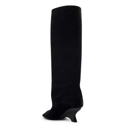 Sleek black open toe suede boots for women with a stylish high heel design