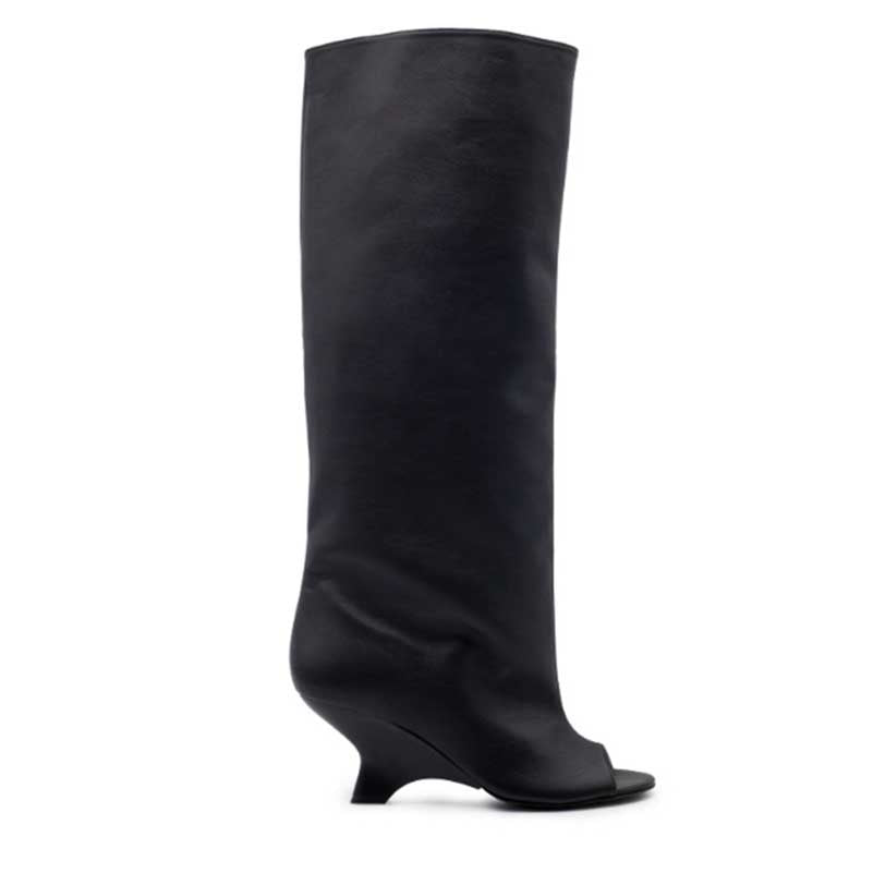 Stylish black open toe suede boots for women with a sleek high design and unique heel