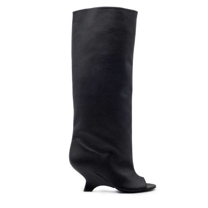 Stylish black open toe suede boots for women with a sleek high design and unique heel