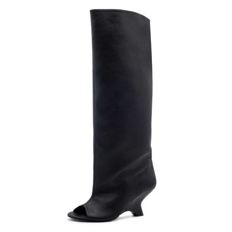 Stylish black open toe suede boots for women with a sleek high design and wedge heel