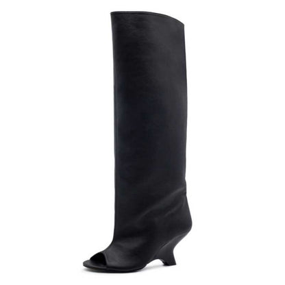 Stylish black open toe suede boots for women with a sleek high design and wedge heel