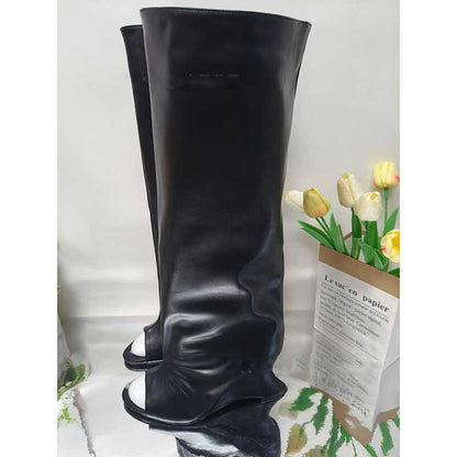 Stylish black knee-high open toe suede boots for women with a sleek design and modern flair