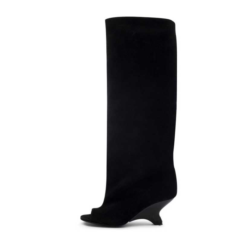 Stylish black open toe suede boots for women with a sleek wedge heel design