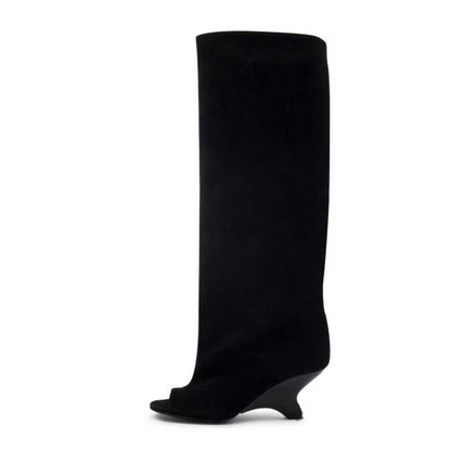 Stylish black open toe suede boots for women with a sleek wedge heel design