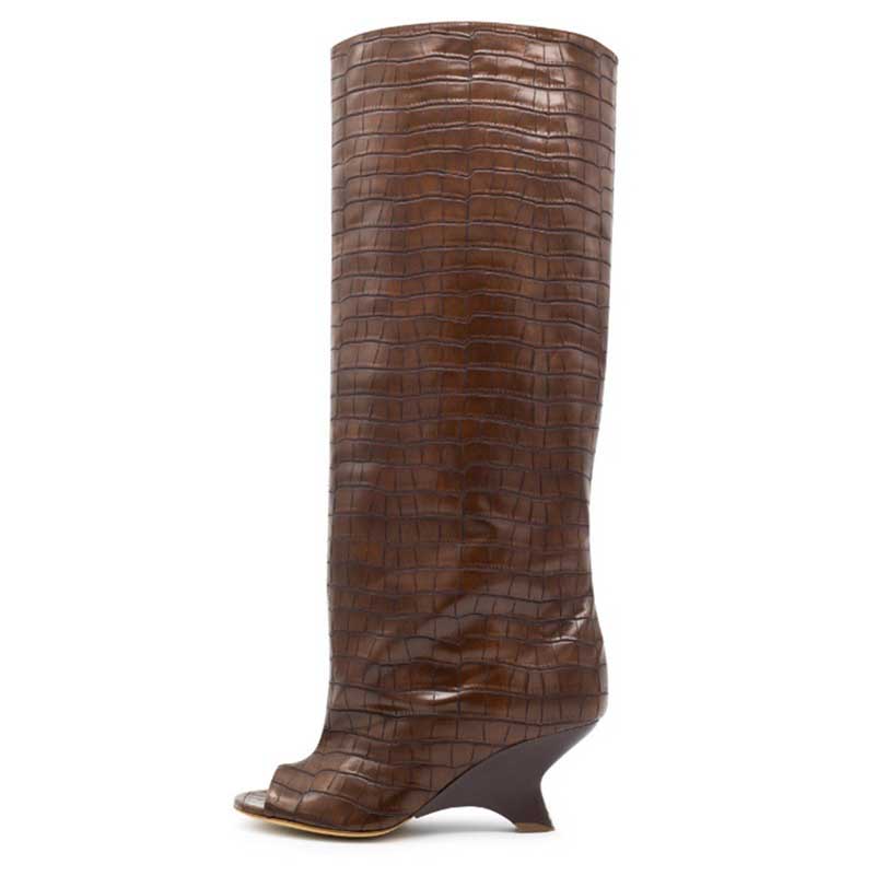 Stylish open toe suede boots for women in brown croc pattern with a chic wedge heel
