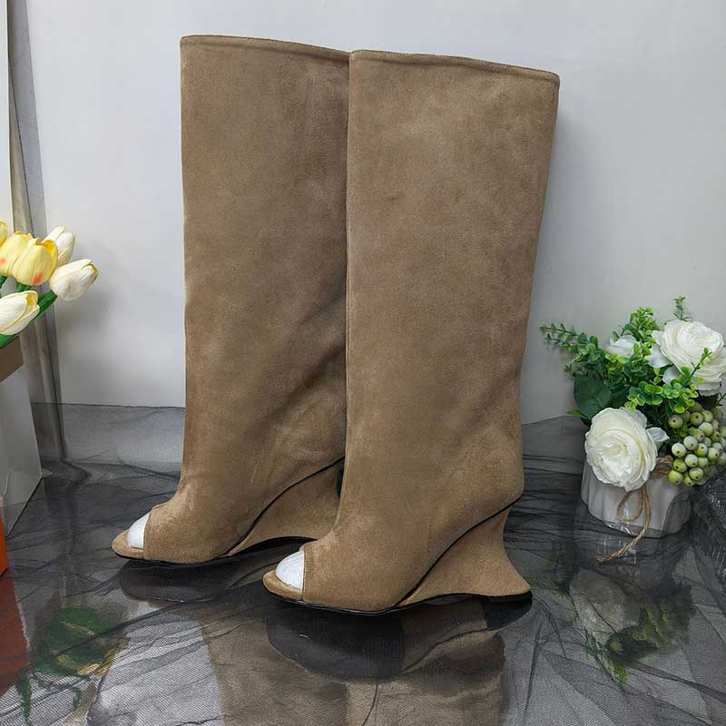 Stylish open toe suede boots for women with a modern wedge heel design in neutral color