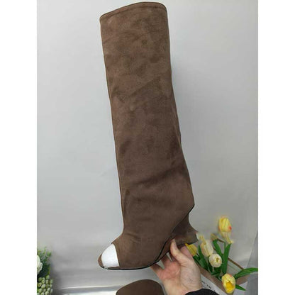 Open toe suede boots for women in brown with a stylish high shaft design