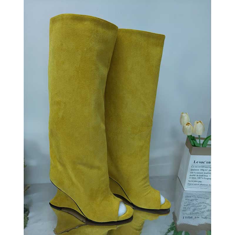 Stylish yellow open toe suede boots for women with knee-high design and a chic finish