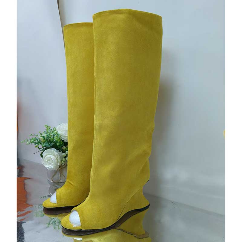 Bright yellow open toe suede boots for women with a knee-high design and stylish wedge heels