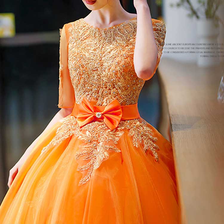 Orange Bowknow Court Princess Evening Ball Gown Tulle Prom Dress