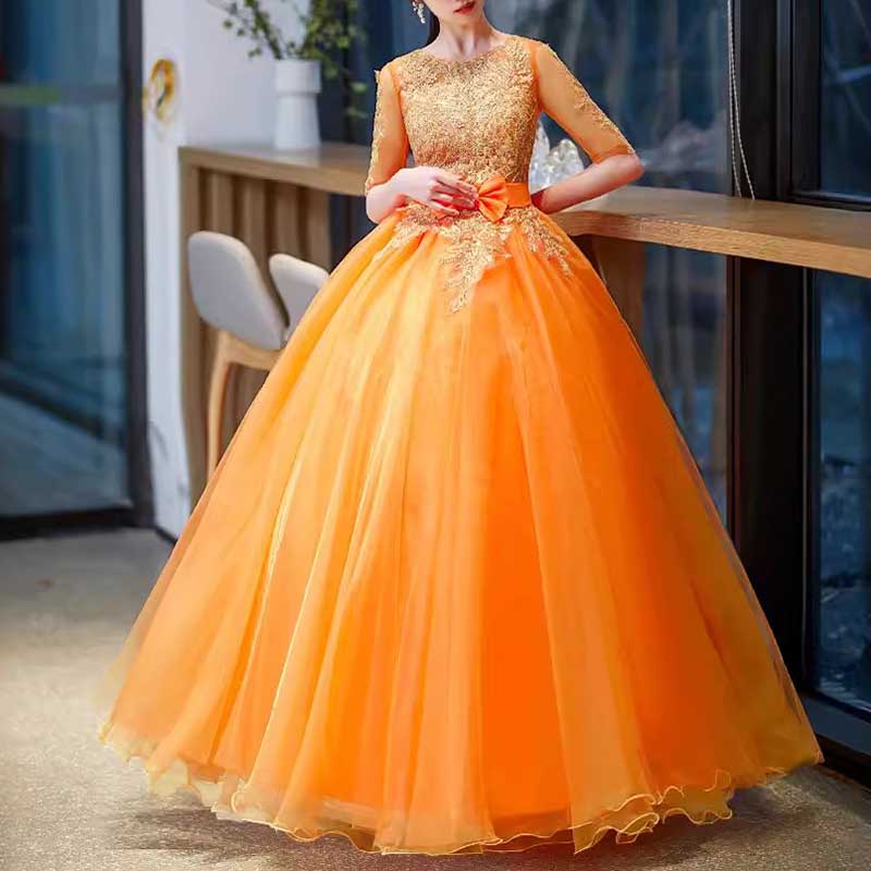 Orange Bowknow Court Princess Evening Ball Gown Tulle Prom Dress