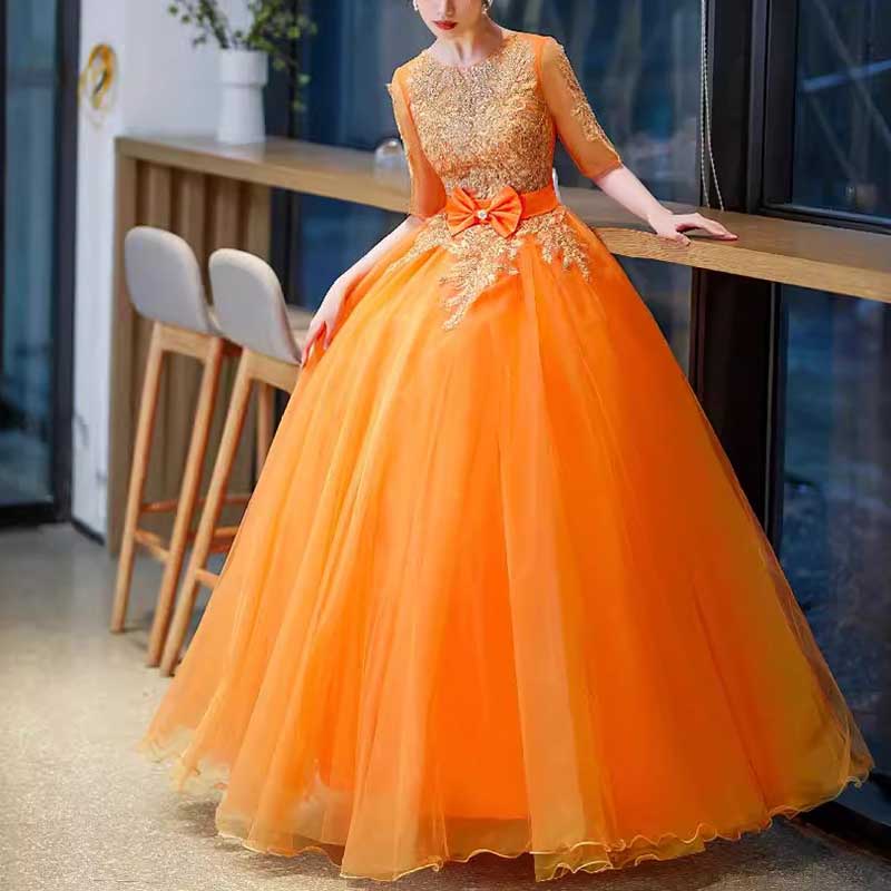 Orange Bowknow Court Princess Evening Ball Gown Tulle Prom Dress