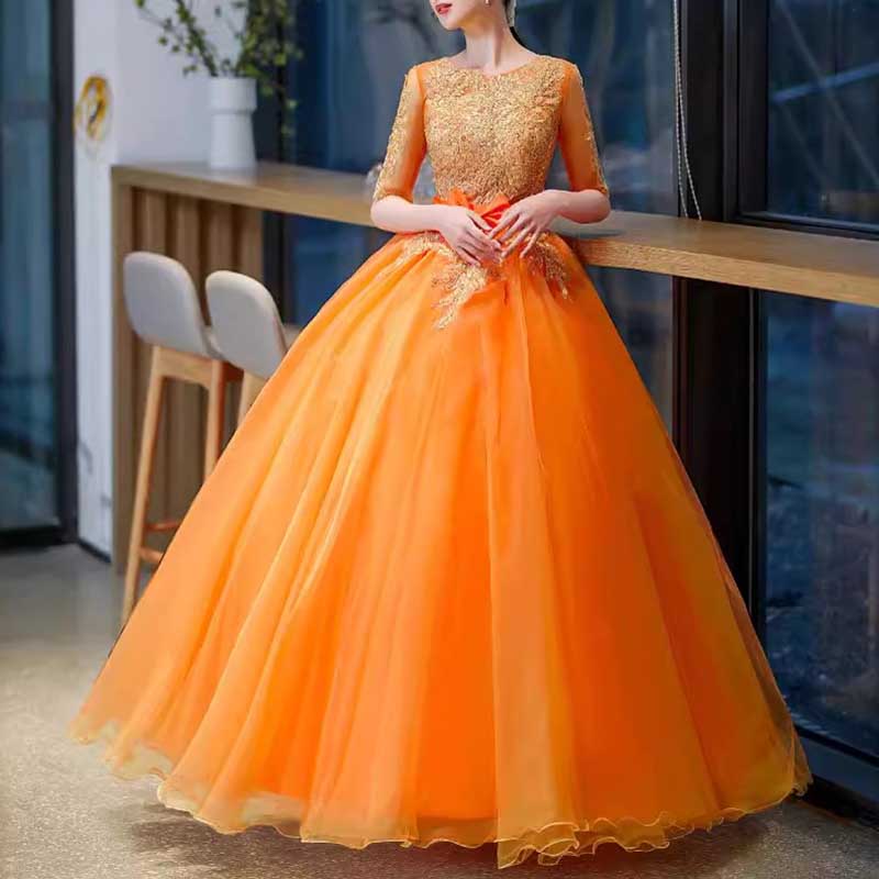 Orange Bowknow Court Princess Evening Ball Gown Tulle Prom Dress