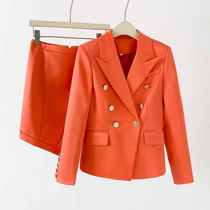 Women's Golden Lion Buttons Orange Skirts Blazer Suit Jacket + High Waist Skirts Belt Suit