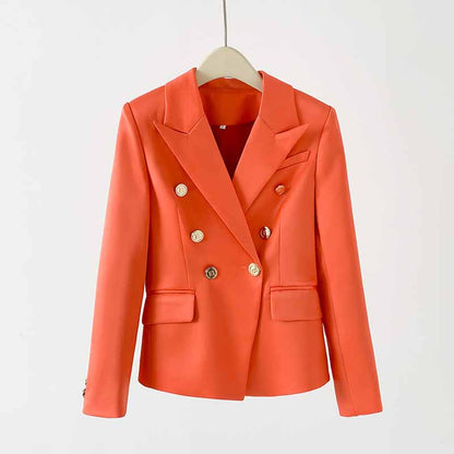 Women's Golden Lion Buttons Orange Skirts Blazer Suit Jacket + High Waist Skirts Belt Suit