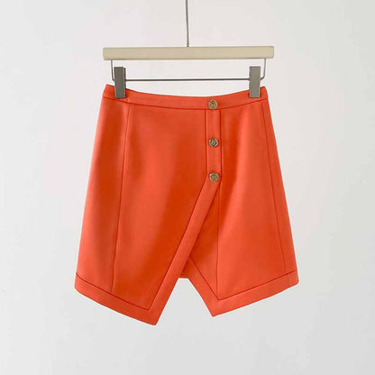 Women's Golden Lion Buttons Orange Skirts Blazer Suit Jacket + High Waist Skirts Belt Suit