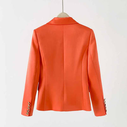 Women's Golden Lion Buttons Orange Skirts Blazer Suit Jacket + High Waist Skirts Belt Suit