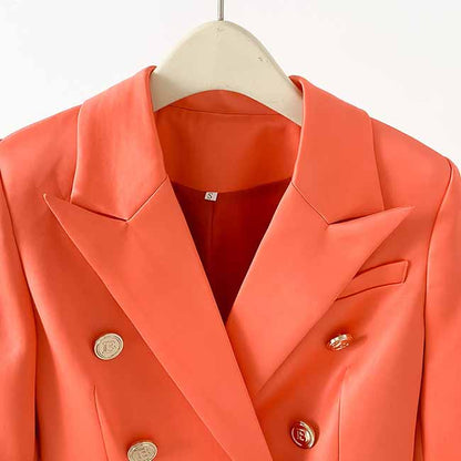 Women's Golden Lion Buttons Orange Skirts Blazer Suit Jacket + High Waist Skirts Belt Suit