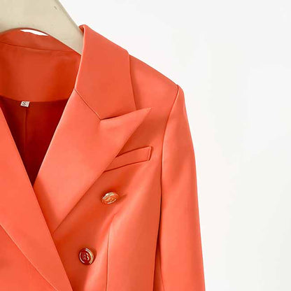 Women's Golden Lion Buttons Orange Skirts Blazer Suit Jacket + High Waist Skirts Belt Suit