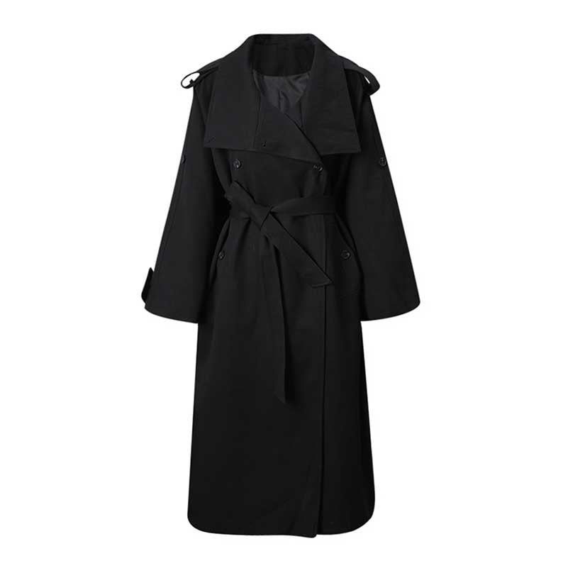 Black oversized women's trench coat with a belted waist and stylish design for a chic look