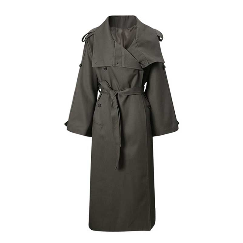 Stylish oversize women's trench coat in olive green with a belted waist and wide sleeves