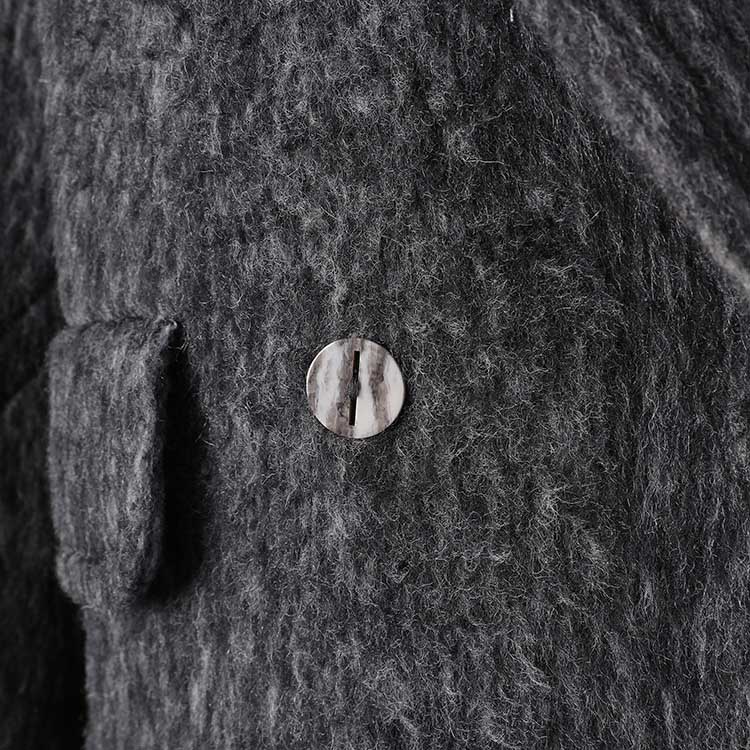 Close-up of oversized wool blend coat grey showing texture and button detail