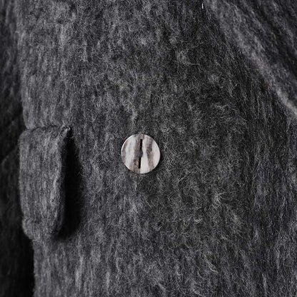 Close-up of oversized wool blend coat grey showing texture and button detail