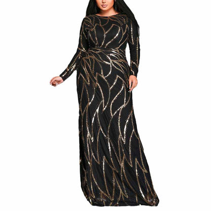 1XL-4XL Long Sleeves Sequin Black Formal Derss Prom Gowns