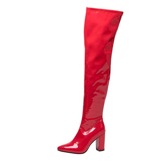 Women's Over Knee Chunky Heeled Patent Leather Boots